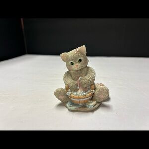 Precious Moments Cream Cat Figurine with Pastel Pink and Light Blue Accents